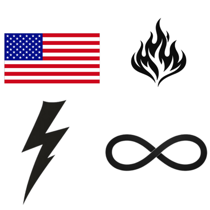 Pack of 4 Decals - USA Flag, Fire, Lightning Bolt, Infinity